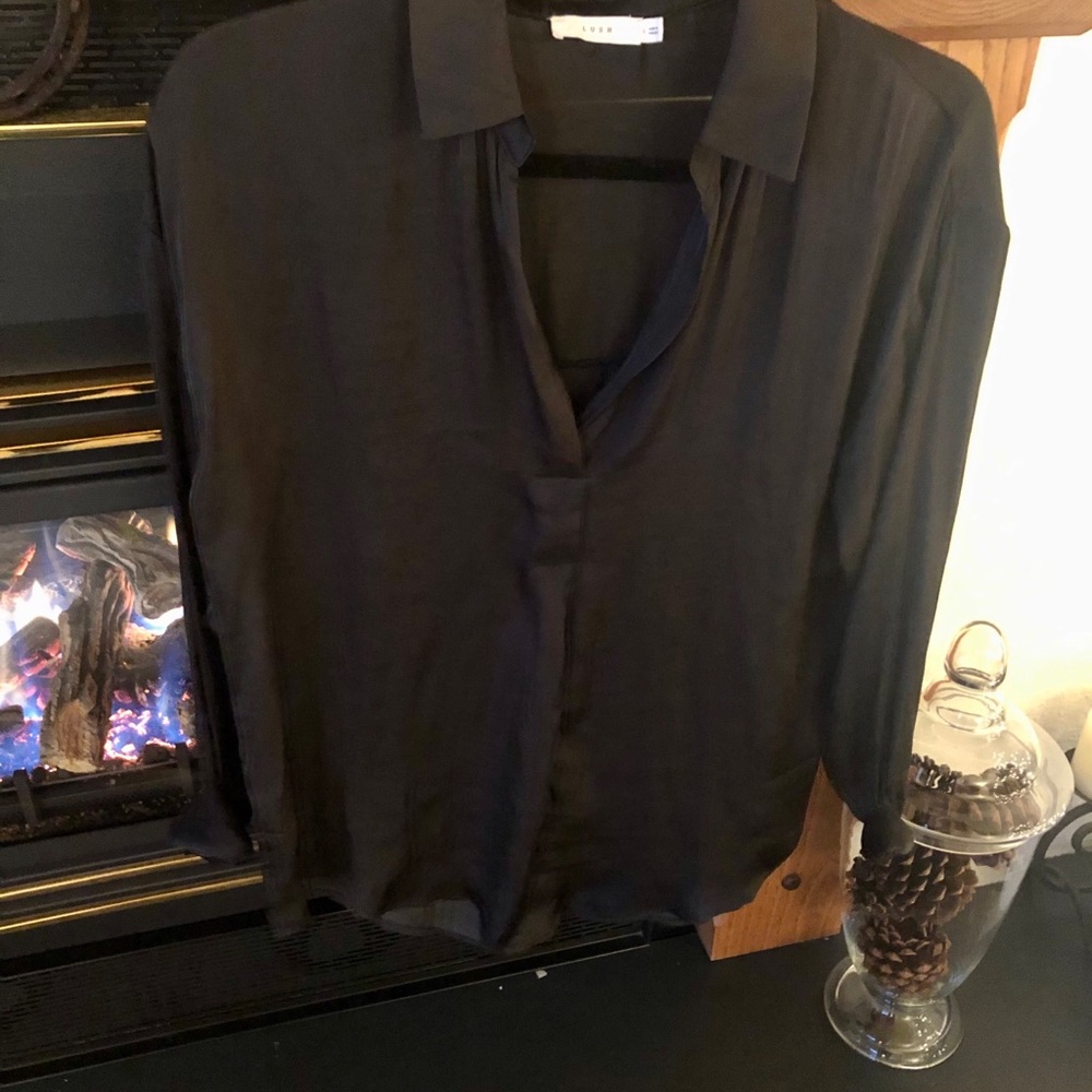 Lush Black Satin Deep V Neck Long Sleeve Blouse